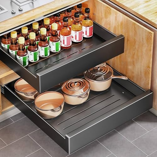 comfortica Pull Out Cabinet Organiser – Extendable Slide Out Drawers – Large Heavy Duty Organiser Pantry Shelves for Living Room, Bathroom and Kitchen (Black, 2 Pack)