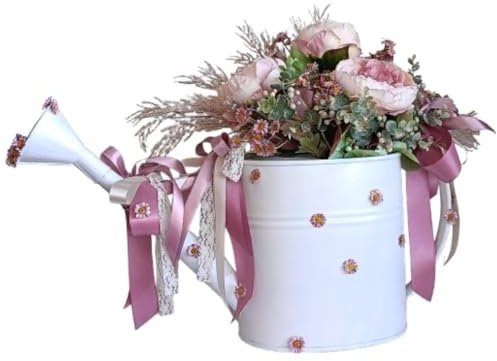 Annaffiatoio di latta | Metallo | Colore bianco | Fiori di seta | Decorazione elegante per la tua casa