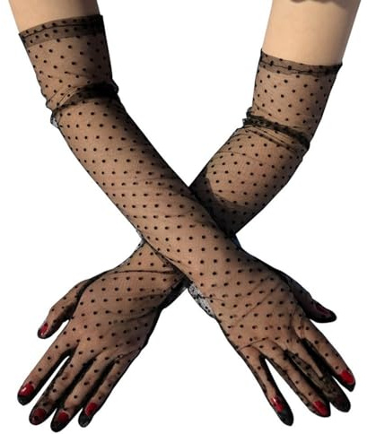 Gants Longs Femme Gants en Tulle à Pois Sexy Transparent Longs Gloves en Filet Gant en Dentelle Longueur Coude pour Mariage Opéra Concerts Banquets Fête à Thème (Noir)