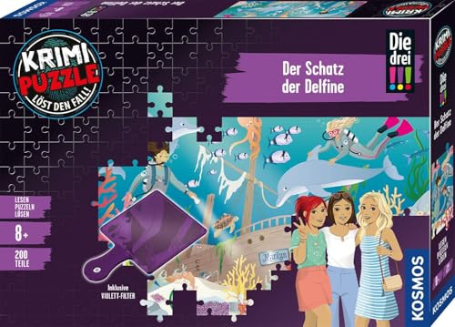Kosmos Krimi Puzzle Die DREI !!! Der Schatz der Delfine, 200 Teile | Lesen, Puzzeln, Rätsel lösen, Delfin Puzzle für Kinder ab 8 Jahre mit Die drei Ausrufezeichen