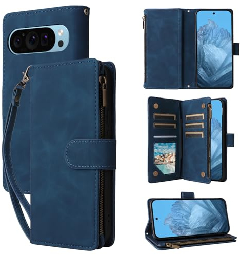 QLTYPRI Étui portefeuille en cuir pour Google Pixel 9a - Grande capacité - 6 porte-cartes et 1 poche zippée, dragonne, housse de protection magnétique pour Google Pixel 9a - Bleu