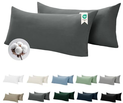 BEDELITE Kissenbezug 40 x 80 Baumwolle 2er Set, Dunkelgrau | Kopfkissenbezug für Kissen 40x80 cm mit Reißverschluss, 143 Fäden pro Quadratzoll, Oeko-Tex Zertifiziert