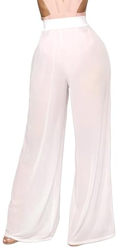 RuiChy Pantaloni Trasparenti per Donne Maglia Sheer d'Estate Vita Alta Taglio Ampio Casual Pantaloni Larghi da Spiaggia Copertura Bikini Bassa Sexy Clubo(Bianco/M)