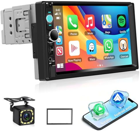Motorsi 7-tums dubbel -DIN MP5-bilradio med Bluetooth, CarPlay Android bil pekskärm 2-DIN ljudmottagare med spegellänk, FM-radio, USB/TF-kort, AUX-ingång, SWC + backkamera