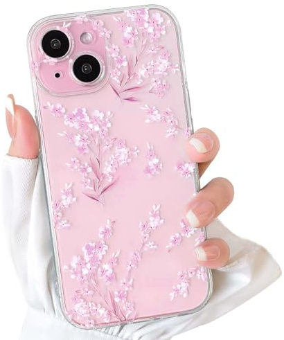NITITOP für iPhone 15 Hülle Süßes Spitze Blume Muster, Rosa | für Frauen Mädchen, mit Aesthetic Floral Muster, Blumenzweig Design, Weiche Dünne TPU, Stoßfeste Handyhülle