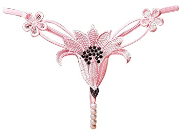 Women's Sexy Underwear Cut Out Pendant Pearl Beads in Pure Colour Lace Open with Transparent Lingerie Butterfly G-String Thong Underpants Knickers Low Panties Tangas (One Size)