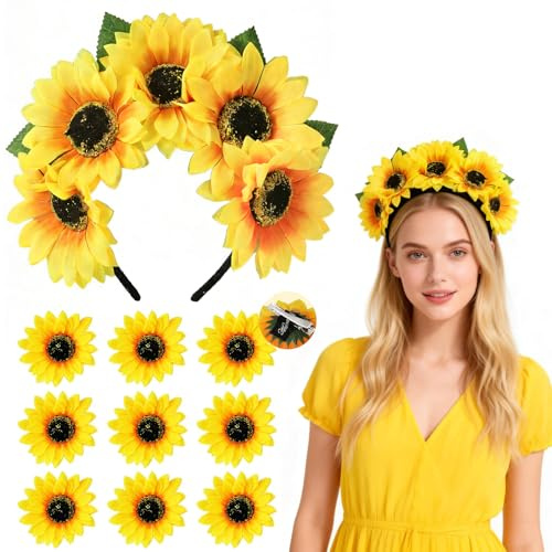 Forbabe Sonnenblumen Haarreif mit 9 Stück Sonnenblumen Haarschmuck Sonnenblume Blumen Haarband Stirnband für Fasching Karneval Fotografie Requisiten Party Kostüm Zubehör