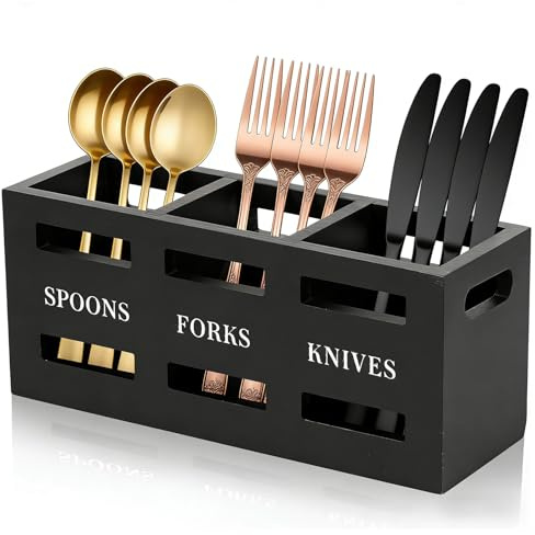 Rudfovn Wooden Utensil Holder, Multipurpose Kitchen Cutlery Storage Caddy with 3 Compartments for Table Forks Spoons Cutters
