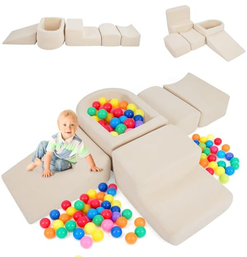 COSTWAY 5PCS Parcours Motricité Bébé en Mousse avec Piscine à Balles, Module Motricité Bébé avec Housse en Velours Côtelé Lavable, Jouets Éducatifs pour Ramper Grimper pour 3 Ans+, sans Balles