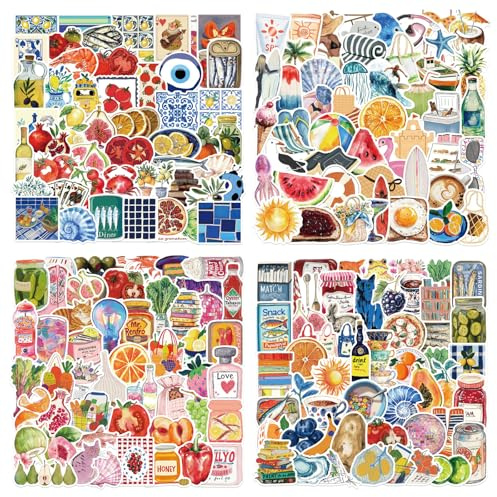 Juego de 200 pegatinas para diario, vintage, diseño retro de frutas, pegatinas de vinilo impermeables para verano, decoración para scrapbook, diario, Kindle, portátil, monopatín, motocicleta