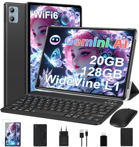 DEERTiME Tablet 10 Pulgadas Android Gemini AI, 20GB RAM+128GB ROM/TF 2TB, Octa-Core, 5G WiFi 6, Widevine L1, BT5.0, 8MP+5MP, Type-C, 6000mAh Batería, Tablet PC con Funda, Teclado y Ratón - Negro