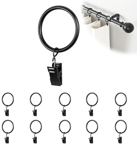Zolara 10 Pièces Anneaux Rideaux avec Pinces, 25Mm Anneaux De Rideaux avec Clips, Rideaux, Portes-Fenêtres Et Rideaux De Douche Adaptés Aux Tringles À Rideaux, Noir