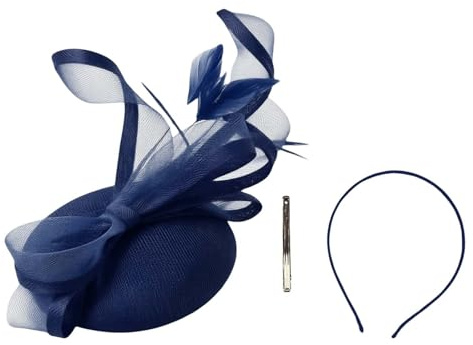 Fascinators Damen Federstirnband Hutclip Fascinators für Hochzeiten, Cocktailpartys, Teepartys, Kopfschmuck Hut für Damen, Mesh Feder Kopfschmuck Cocktail Tea Party Kopfbedeckung (Dark Blue, One Size)