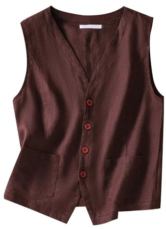 Generisk njurrem dam värmande knäppning ärmlös linne topp lätt business jacka waistcoat väst tröja glitter damer, kaffe, XXL