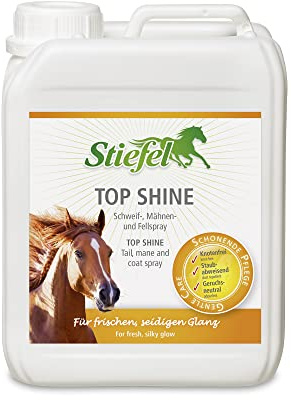 Stiefel Top Shine für Pferde – Fell-, Mähnen- & Schweifspray für seidigen Glanz, verhindert Knoten, bildet Schutzfilm, hochwertige Pflege – 2,5 L Nachfüllkanister