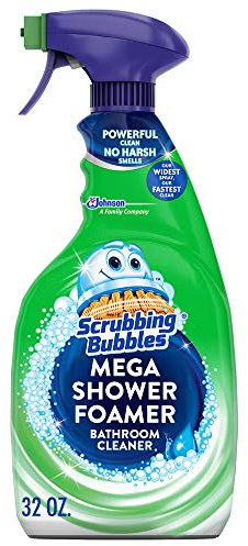 Scrubbing Bubbles Mega - Spray limpiador de baño y ducha, acción espumosa elimina la cal y la suciedad de jabón, aroma de ducha de lluvia, 32 onzas