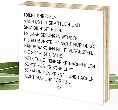 Wunderpixel® Holzbild Toiletten-Regeln - 15x15x2cm zum Hinstellen/Aufhängen, echter Fotodruck mit Spruch - schwarz-weißes Wand-Bild Aufsteller Holz-Schild zur Dekoration Zuhause/Geschenk-Idee