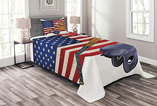 ABAKUHAUS amerikanisch Tagesdecke Set, USA-Flagge und Baseball, Set mit Kissenbezügen Waschbar, für Einzelbetten 170 x 220 cm,Rot Blau