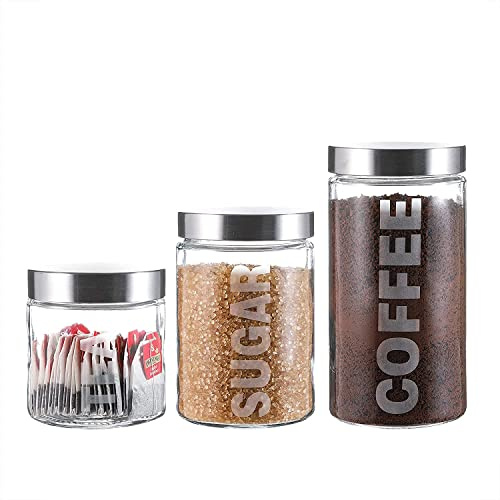 WHOLE HOUSEWARES | Airtight Glass Jars with Lid | Glass Storage Containers with Stainless Lids | 3 Piece Canister Set for Coffee, Sugar and Tea | 57/44/29
