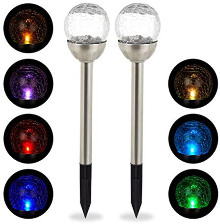 Relaxdays 8 x trädgårdsljus glasboll, LED-solcellslampor i krossat glasutseende, färgförändring, vägbelysning inklusive markspett, silver