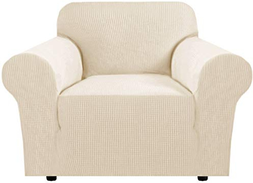 H.VERSAILTEX Stretch Chair Slipcover 1-Piece Armchair Couch Cover Furniture Protector Fit Chair Width 30-40 Inches Jacquard Small Checked with Elastic Bottom for Kids(Armchair, Natural)