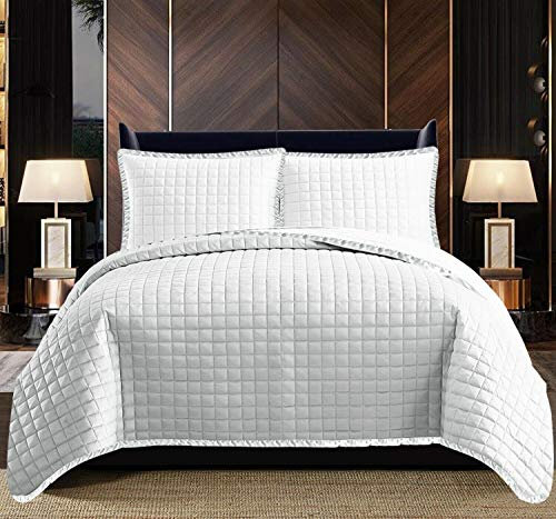 B&B Single Bedspread Bed Throws - Box Pattern Silk Border Quilted Bedspreads Bed Covers 3 Piece With Matching Bed Pillow Case Bedding Set For Bedroom Decor (Osca White)