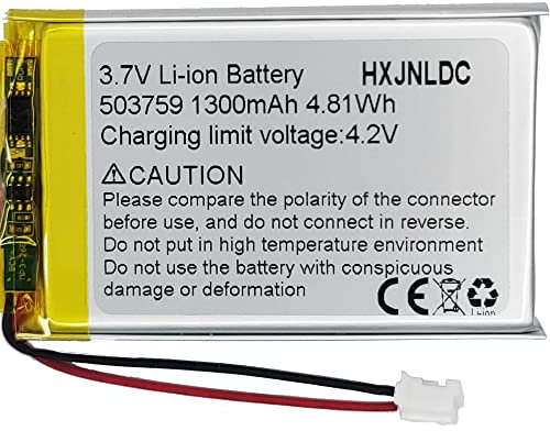 DC 3.7V 1300mAh 503759 Rechargeable Lithium Polymer Battery, Suitable for DIY 3.7-5V Electronic Products with Built-in 2-Wire Battery Replacement and LED Lights
