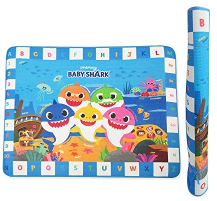 ODS - Baby Shark, Spielteppich für Kinder, 150 x 120 cm, weiche pädagogische Matte mit Zeichnungen, Alphabet, Zahlen und Musiknoten, Dicke 7 mm