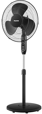 PELONIS 16'' Pedestal Fan for Bedoom, Remote, Standing Fan with 7-Hour Timer, 90° Oscillation, 3-Speeds, Adjustable Height, Electric Cooling Fans for Living Room and Office