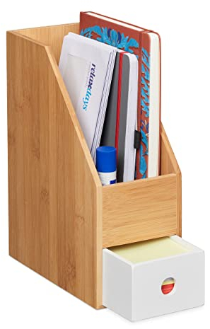 Relaxdays Stehsammler, für A4 Papier, Büro Organizer Bambus, MDF, Zeitschriftensammler HxBxT 30 x 12 x 23 cm, natur-weiß