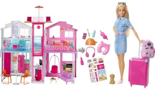 Barbie Supercasa, casa de muñecas con Accesorios, con Cuatro Habitaciones, terraza en la azotea & Muñeca Viajera - Conjunto de Viaje con Maleta Rosa y Perro
