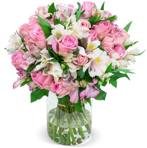 Blumenstrauß Sweet Surprise, rosa Rosen und weiße Inkalilien, bis zu 40 Blüten, 40-50cm Länge, 7-Tage-Frischegarantie, Qualität vom Floristen, perfekte Geschenkidee bestellen