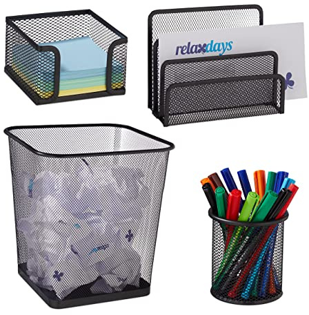 Relaxdays Schreibtisch Organizer 4er Set, Papierkorb, Stiftebox, Zettel- & Briefablage, Arbeits- & Kinderzimmer, schwarz