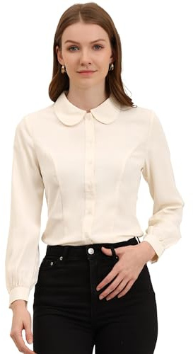 Allegra K Women's Peter Pan Collar Blouse Business Casual Long Sleeve Button Down Work Shirt X-Small Beige