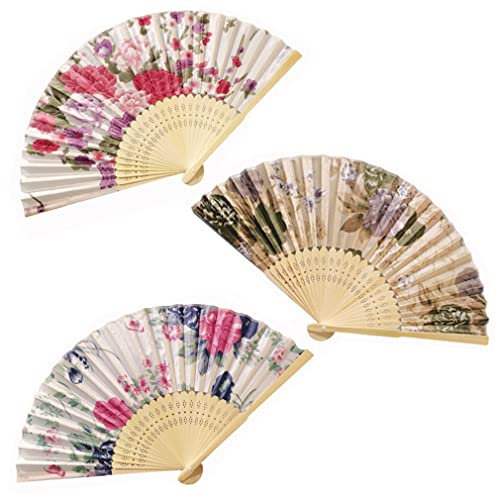 Morices 3 Pcs Floral Printed Folding Hand Fan, Handheld Classical Delicate Hollowed Bamboo Fans for Dancing, Decorative Hand Holding Fans for Wedding Party Favors Gift Wall Hanging Decoration