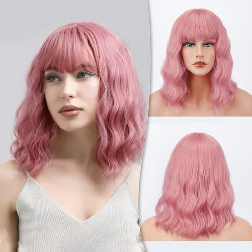 BARSDAR Kurze Bob Perücken mit Pony Schulterlange Frauen Kurze Perücke lockige gewellte synthetische Cosplay Perücke für Mädchen Kostüm Bunte natürliche gewellte Perücken Rosa
