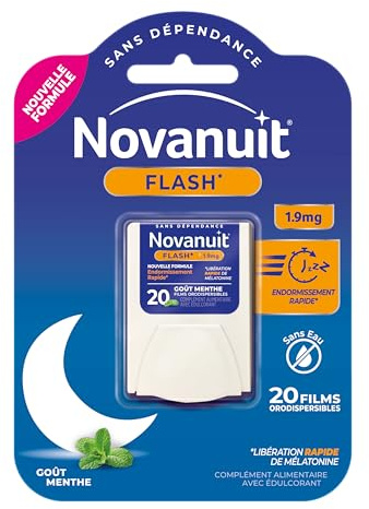 NOVANUIT FLASH – Complément alimentaire – Sommeil - 1,9mg de mélatonine – 20 films – Format Pratique - Goût menthe - Endormissement – Décalage horaire - Usage ponctuel - Réservé à l'adulte
