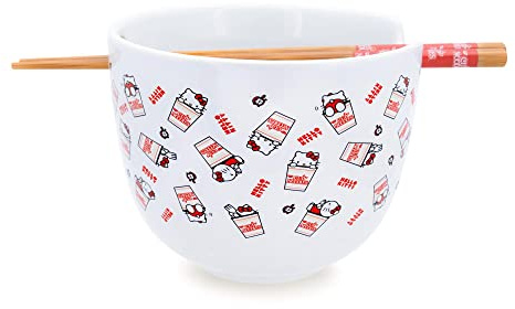 Sanrio Hello Kitty x Nissin Tassen-Nudeln, Keramik-Geschirr-Set, inkl. Ramen-Nudelschale und Essstäbchen aus Holz