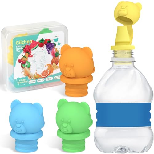 Giichen No Spill Water Bottle Caps - BPA Free Silicone Top Protects Child's Mouth, Replacement Spout Adapter for Toddlers to Adults - 4 Pack (Blue, Green, Yellow, Orange)