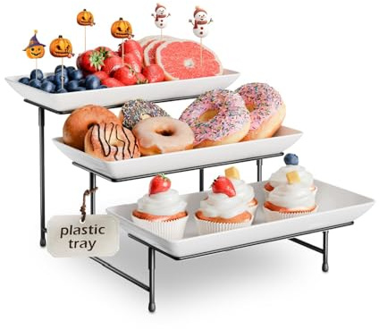 3 Tier Plastic Serving Tray for Party, 29cm*14cm Platters for Serving Food, Microwave-Safe, White Reusable Trays with Black Metal Display Stand for Cupcakes, Sevring Food, Dessert, Fruit, Black