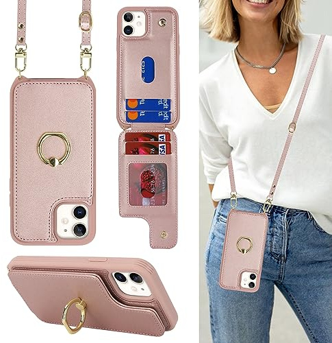 Cavor Phone Case compatible with iPhone 12/12 Pro With Card Holder With Lanyard Strap,Flip Leather Wallet Case,Ring Kickstand Shockproof Cover Case compatible with iPhone 12/12 Pro - Rose gold