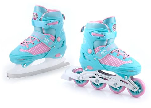 SMJ Lily barn flickor set 2-i-1 inliner/skridskor justerbar | ABEC-7 rullskridskor | inlines skridskor kan omvandlas till skridskor | turkos/rosa (M (34–37))
