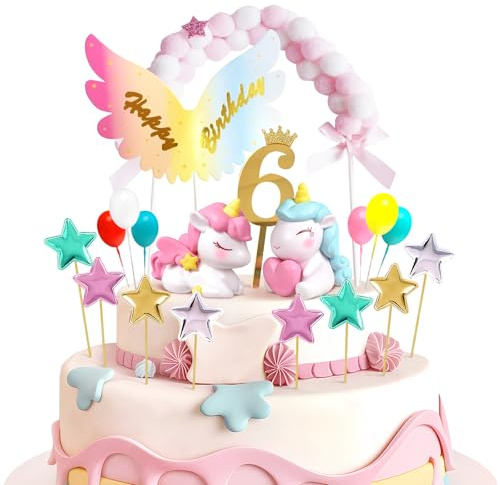 Decorazione torta unicorno 6 anno, decorazione per torta di compleanno ragazza unicorno 6 ° Deco torta torta cupcake Topper per bambino ragazza ragazzo compleanno