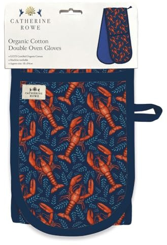 Double Oven Gloves - Organic Cotton - Artistic Lobster Design by Catherine Rowe - Stylish Kitchenware