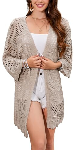 Famulily Maglione da Donna a Crochet con Maniche a 3/4 Aperto sul Davanti Cardigan Casual Estivo Abbigliamento da Esterno Copritutto, cachi, M