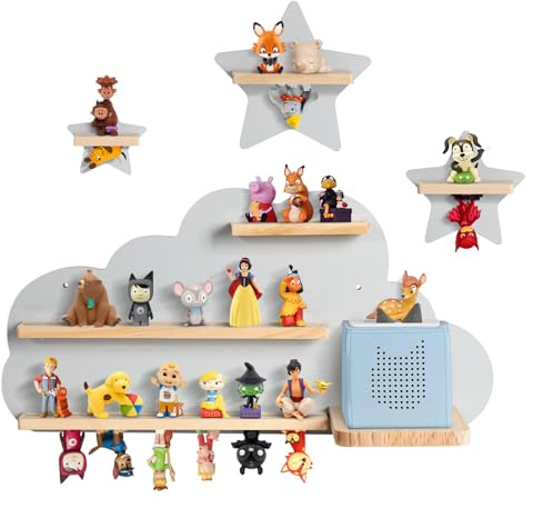 Todeco Tonie-Regal, Magnetisches Wandregal für Tonies & Toniebox, Grau | für 20-25 Tonie, kompatibel mit Toniebox-Ladestation, Premium-Holz, inkl. Wandmontageset, für Kinderzimmer, Wolke und Stern