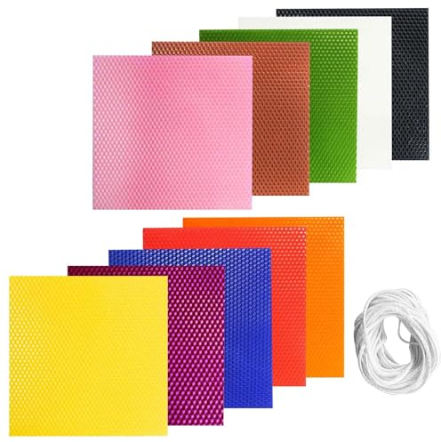 ANBOO Bienenwachskerzen Wachsplatten für Kerzen 10 Farben Bienenwachsplatten für Kerzen mit 6m Baumwolldocht Kerzenherstellungsset Taufkerzen (20x20cm)