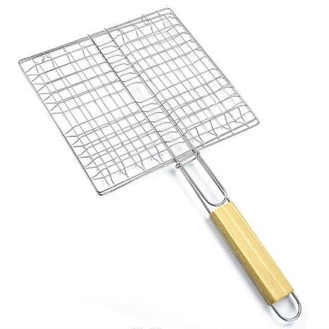 Support pour aliments avec poignée en bois | Panier de barbecue pour légumes de poisson, steak, côtelettes de crevettes | Grille de barbecue en métal 23 x 21 cm | Panier à légumes pour hamburgers |