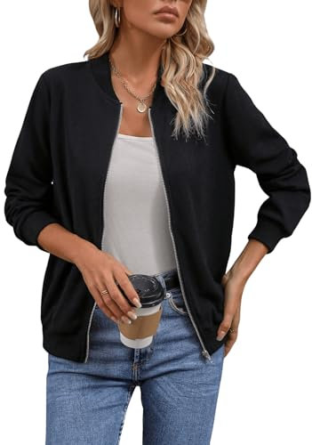 GORGLITTER Damen Bomberjacke Baseball-Kragen Jacken Herbst Fliegerjacke Pilotenjacke Blouson Jacket Übergangsjacke mit Reißverschluss Schwarz M