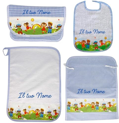 MyVorrei Set Sacco+Asciugamano+Bavaglio+Busta Cotone 100% per Asilo | Busta cm 27x18 chiusa Sacco cm 36x45 Asciugamano cm 35x52 Bavaglio cm 26x35 | Personalizzabile con Nome